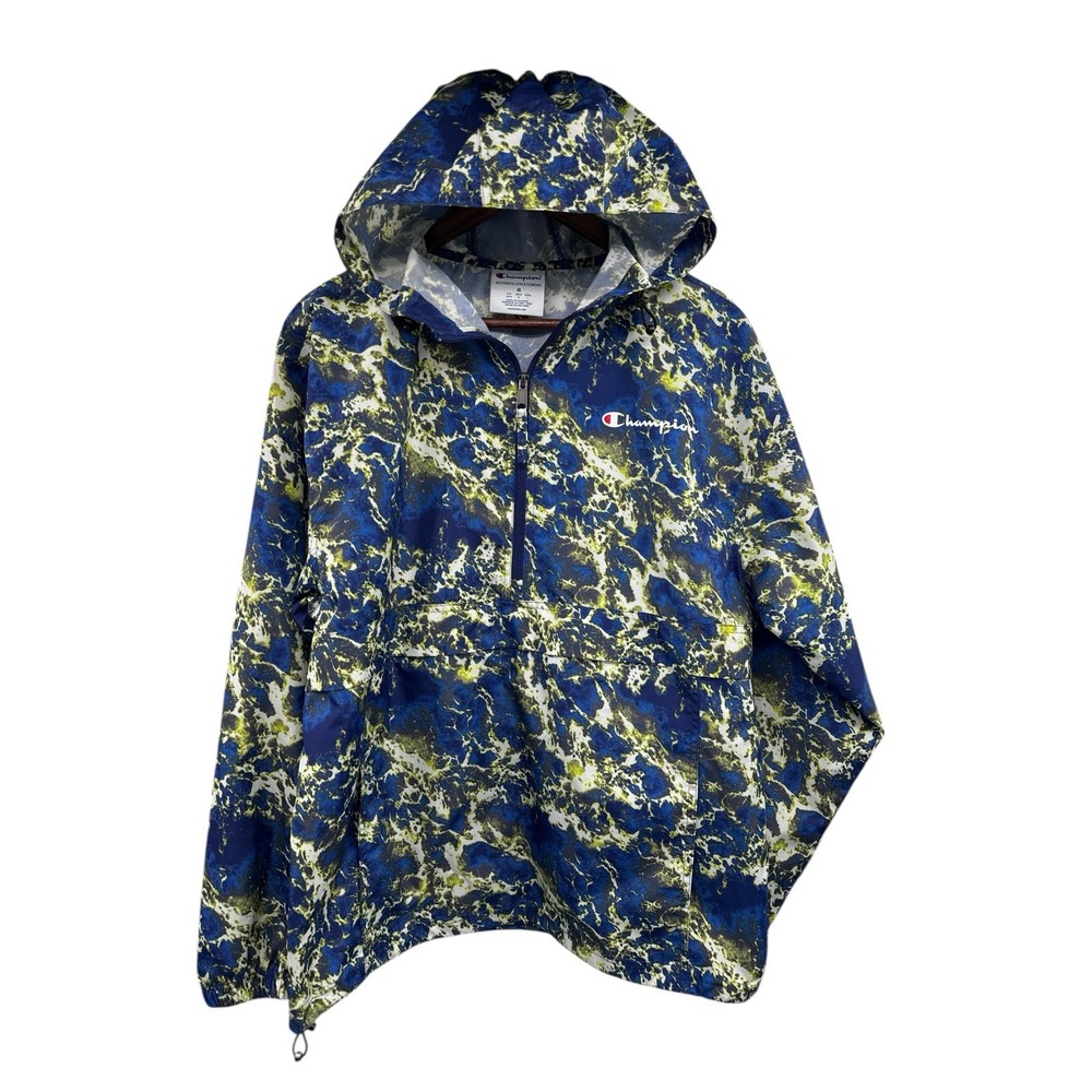 Champion Pullover Windbreaker Jacket Mens Med Blue Yellow Abstract Camo 1/2 Zip